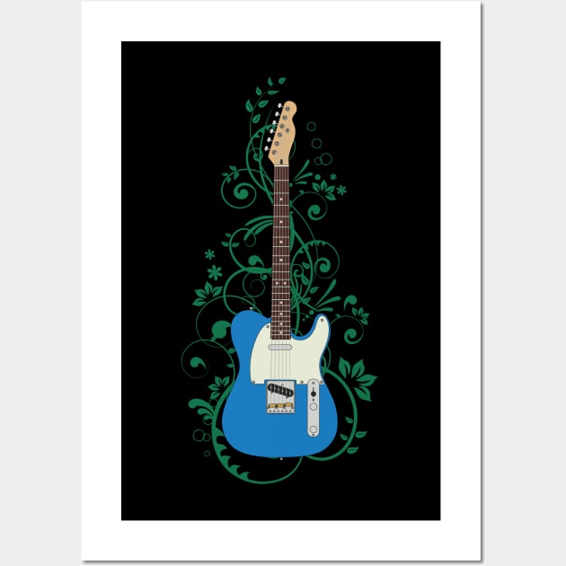 Blue T-Style Electric Guitar Flowering Vines Wall Art by nightsworthy